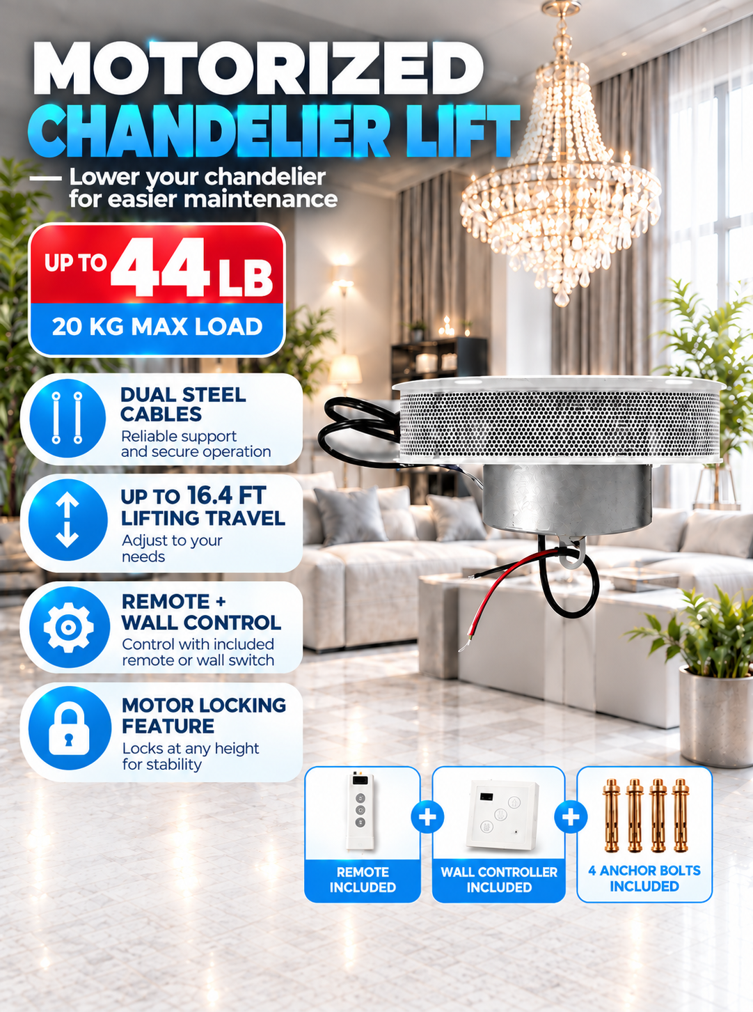 Motorized Chandelier Lift System — 44 lb Capacity, 16.4 ft Lifting Travel