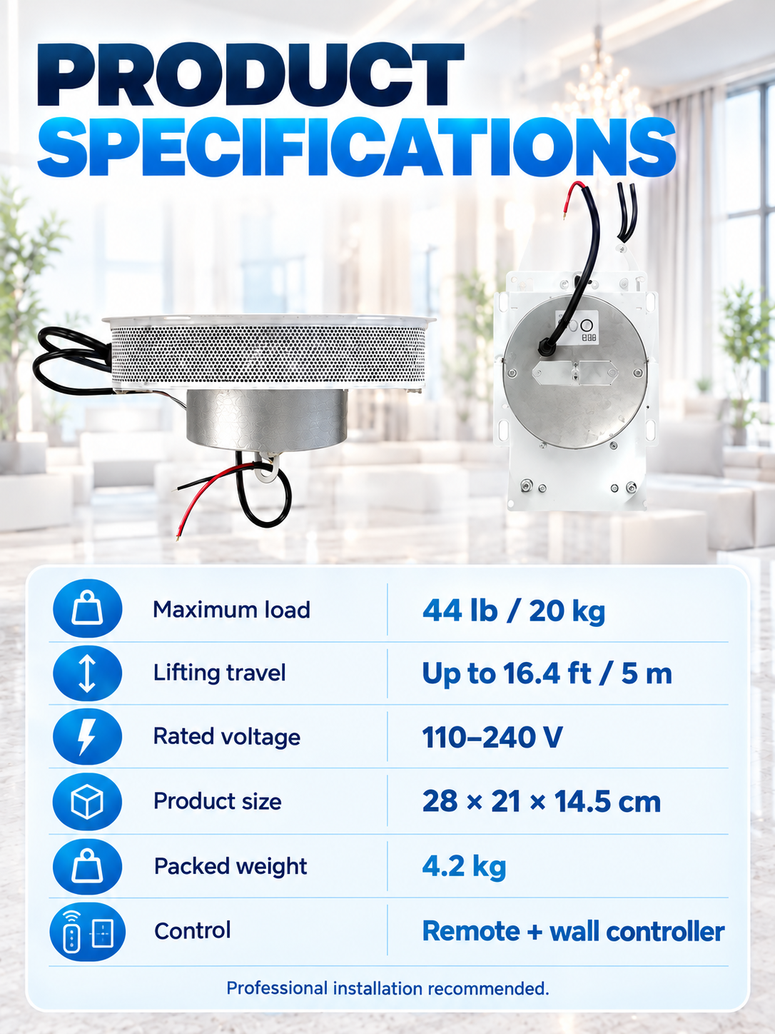 Motorized Chandelier Lift System — 44 lb Capacity, 16.4 ft Lifting Travel
